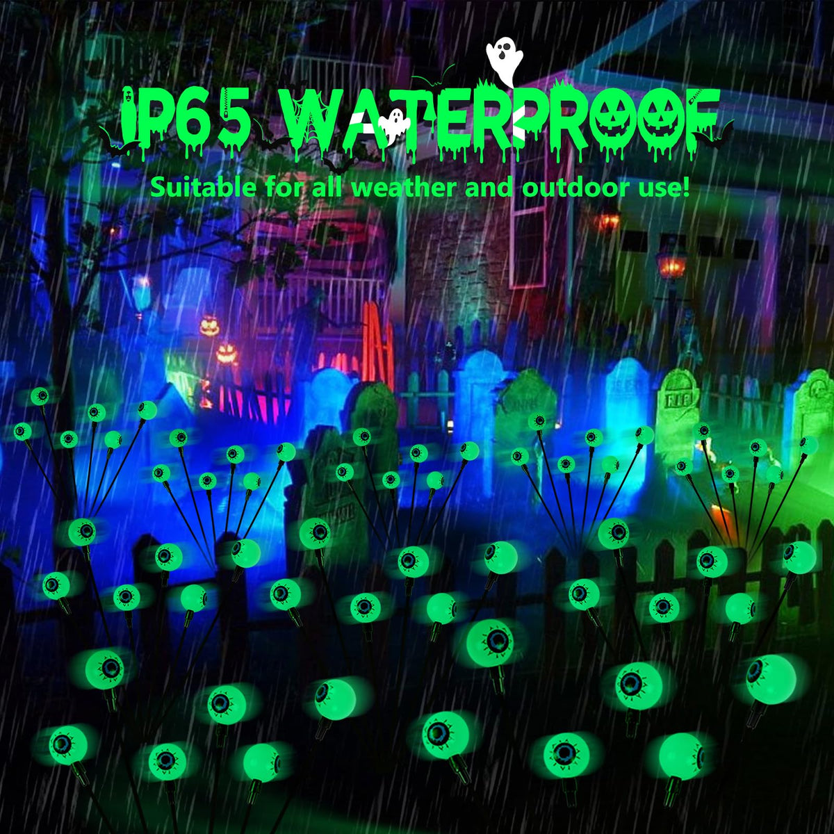 YIQU 4 Pack Solar Halloween Lights Outdoor, Solar Eyeball Lights, 24 LED Green Eyeball Swaying Light with 2 Lighting Modes, Waterproof Outdoor Halloween Decorations for Walkway Yard Lawn Horror Party
