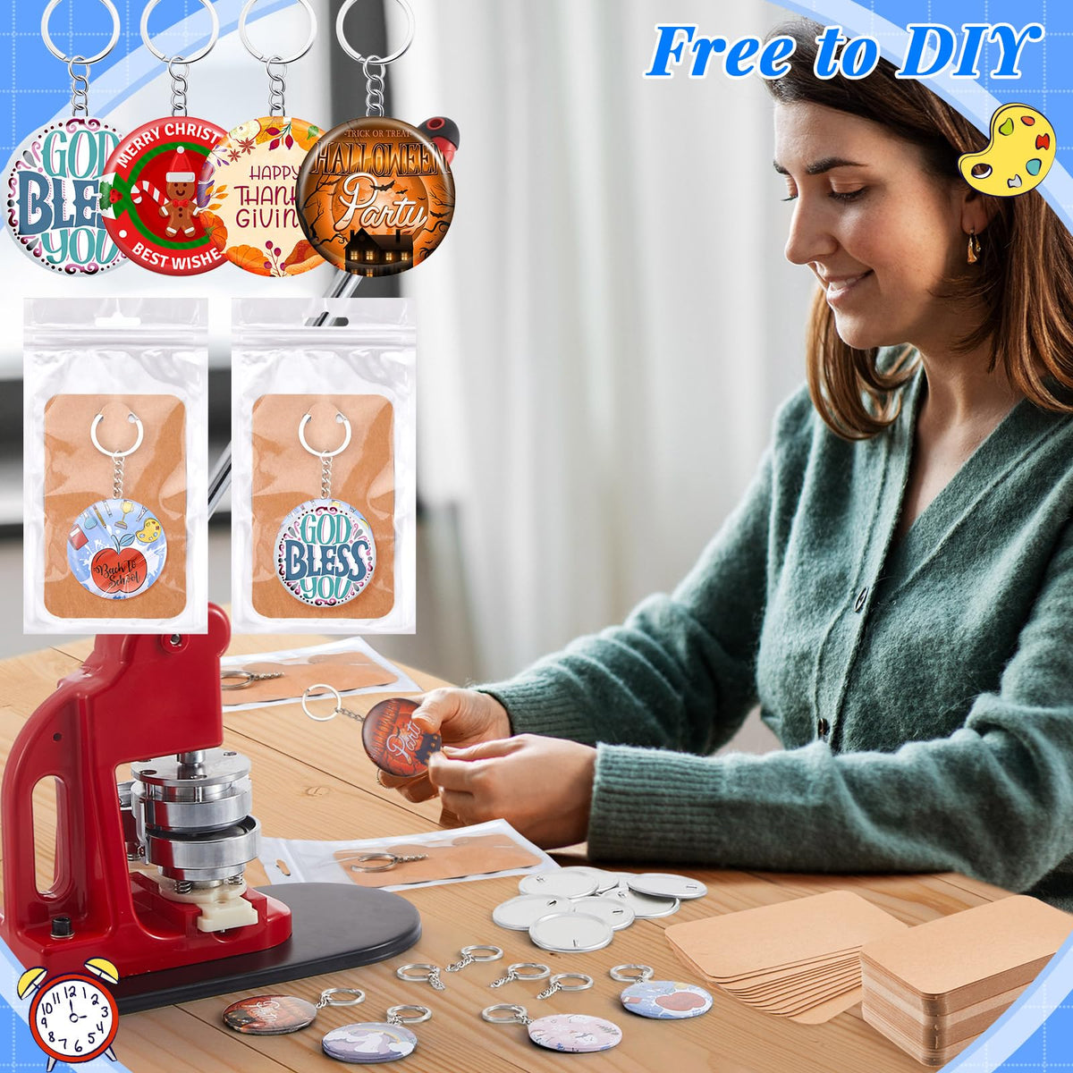 Tondiamo 100 Sets 58 Mm/ 2.25 Inch Button Maker Keychains Supplies Metal Button Badge Sets Including Metal Shell, Plastic Film, Backing Parts, Bags, Cards for Maker Machine DIY Christmas Gifts