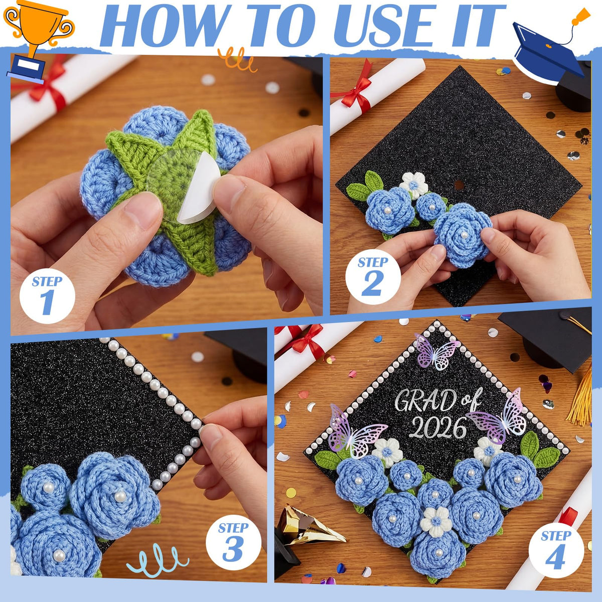 Gersoniel 30 Pcs Crochet Flower Graduation Cap Decoration Kit, Artificial Crochet Rose with Glitter Construction Paper Faux Daisy Pearl Letter Sticker for Grad Hat Topper Cover Craft Gift(Blue)