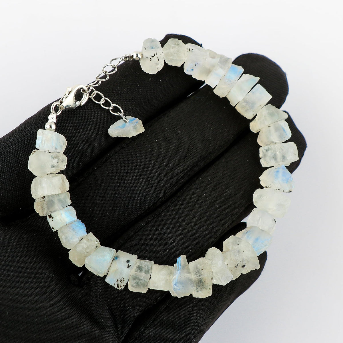 CRYSTALIS Natural Raw Rainbow Moonstone Adjustable Bracelet, High Grade Rough Gemstones, Chakra, Healing Crystals, Gift Giving Jewelry, 925 Sterling Silver Womens Bracelet 8 inch
