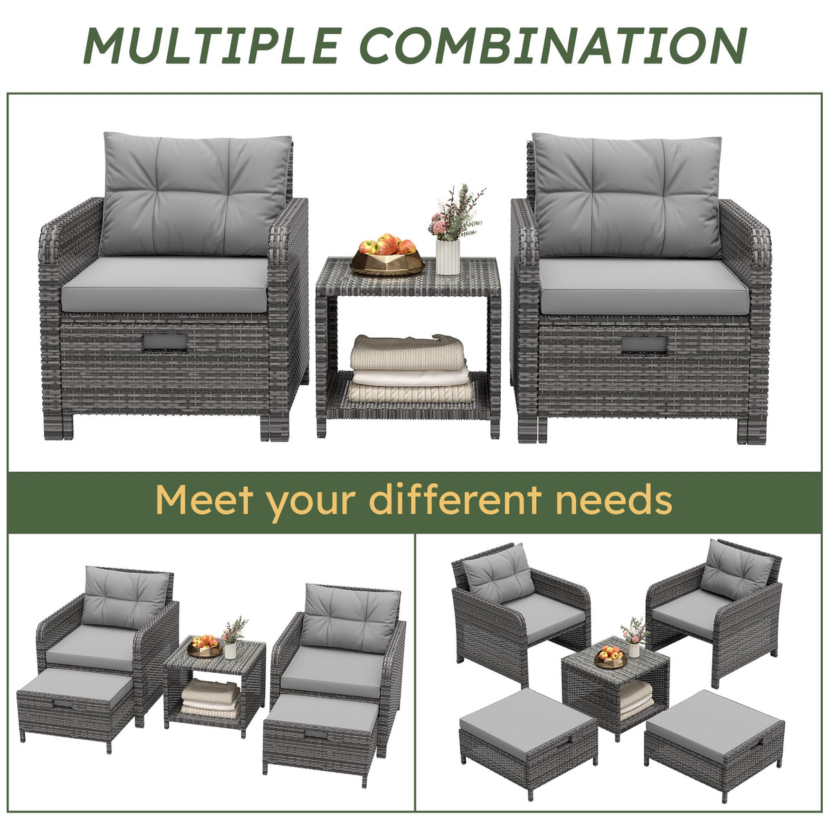 LHBcraft Balcony Furniture 5 Piece Patio Chairs Conversation Set, PE Wicker Rattan Outdoor Lounge Chairs with Soft Cushions 2 Ottoman-Glass Table for Porch, Charcoal