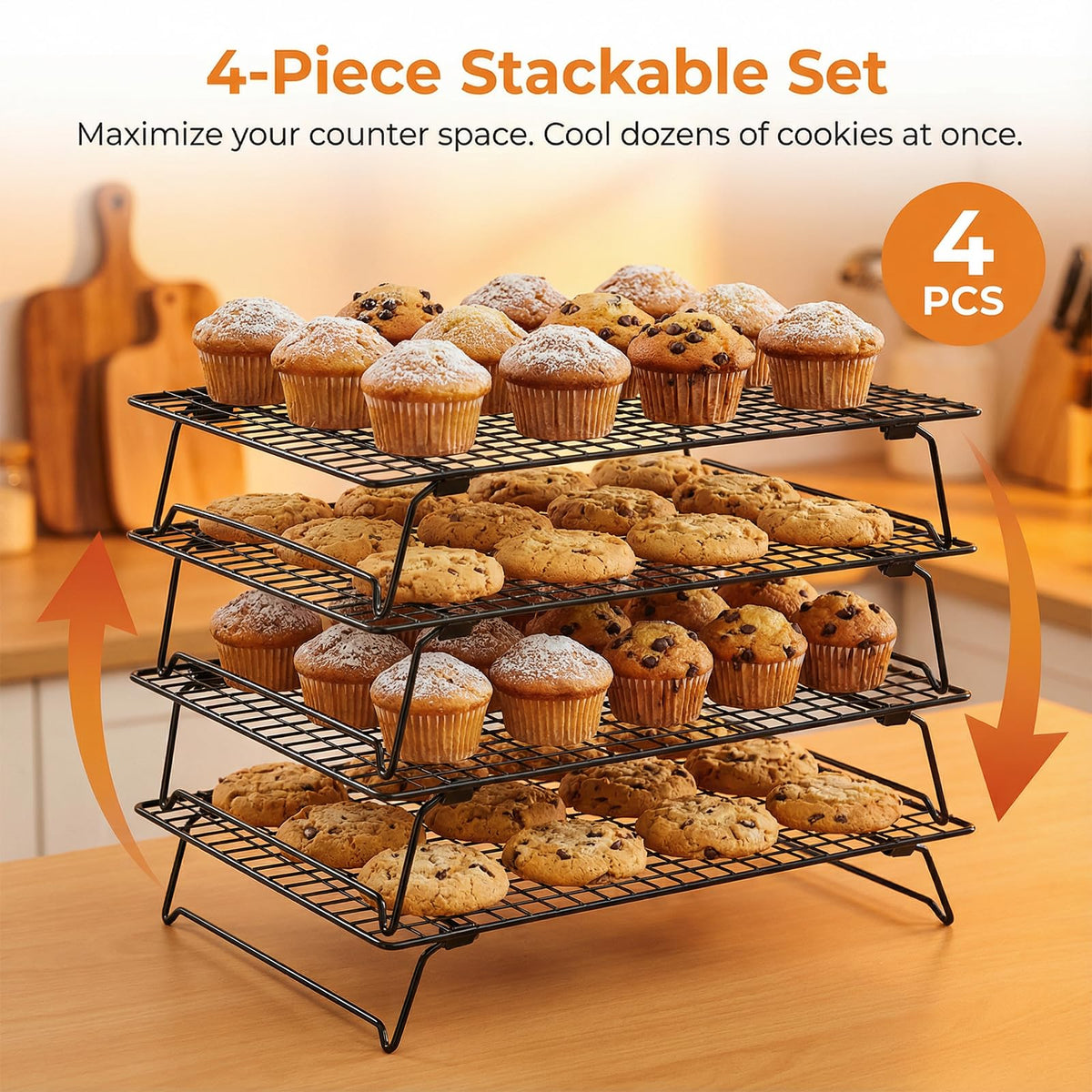 Ckhoid 4 Pcs Cooling Racks for Cooking and Baking, 13.4 x 9.4 Inch Carbon Steel Cookie Cooling Racks, Stackable Baking Rack for Oven Cooking Cooling Roasting Making Jerky (Black)