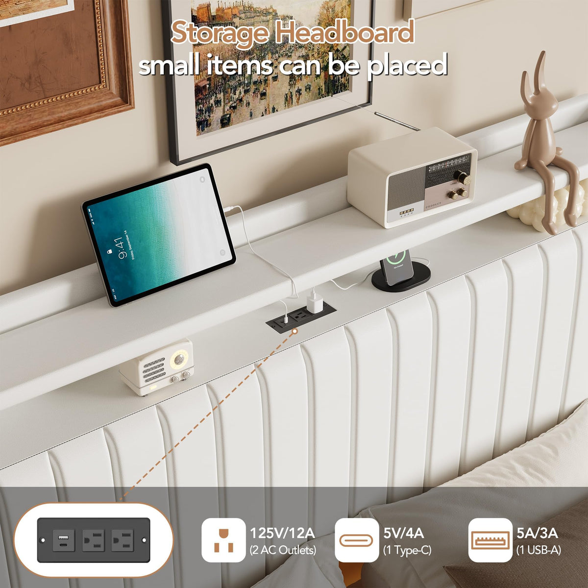 GarveeLife 50'' Tall Queen Floating Bed with LED Lights & Charging Station, PU Leather Bed Frame with Storage Headboard, Kick-Free, Noise-Free, Easy Assembly, No Box Spring Needed, White