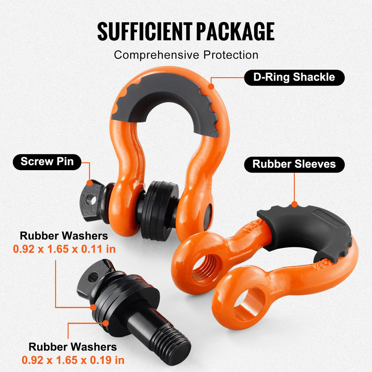 VEVOR 3/4" D Ring Shackle, Orange Shackles for Truck with 7/8” Screw Pin 62832 lbs(28.5 Ton) Break Strength Black Isolator Washers Kit, Winch Towing Shackle for Truck Jeep Heavy Duty Off Road Recovery