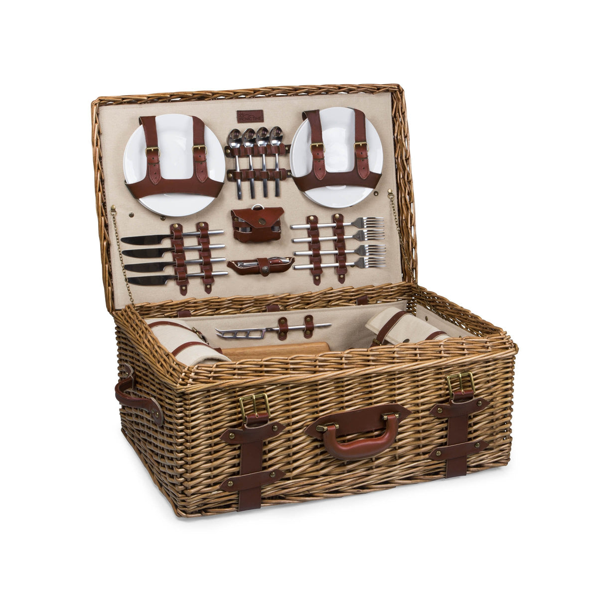 PICNIC TIME Charleston Luxury Picnic Basket for 4, Romantic Vintage English-Style Wooden Basket, Complete Deluxe Service With Blanket, Suitcase-style Handle and Genuine Cowhide Leather, (Beige Canvas)