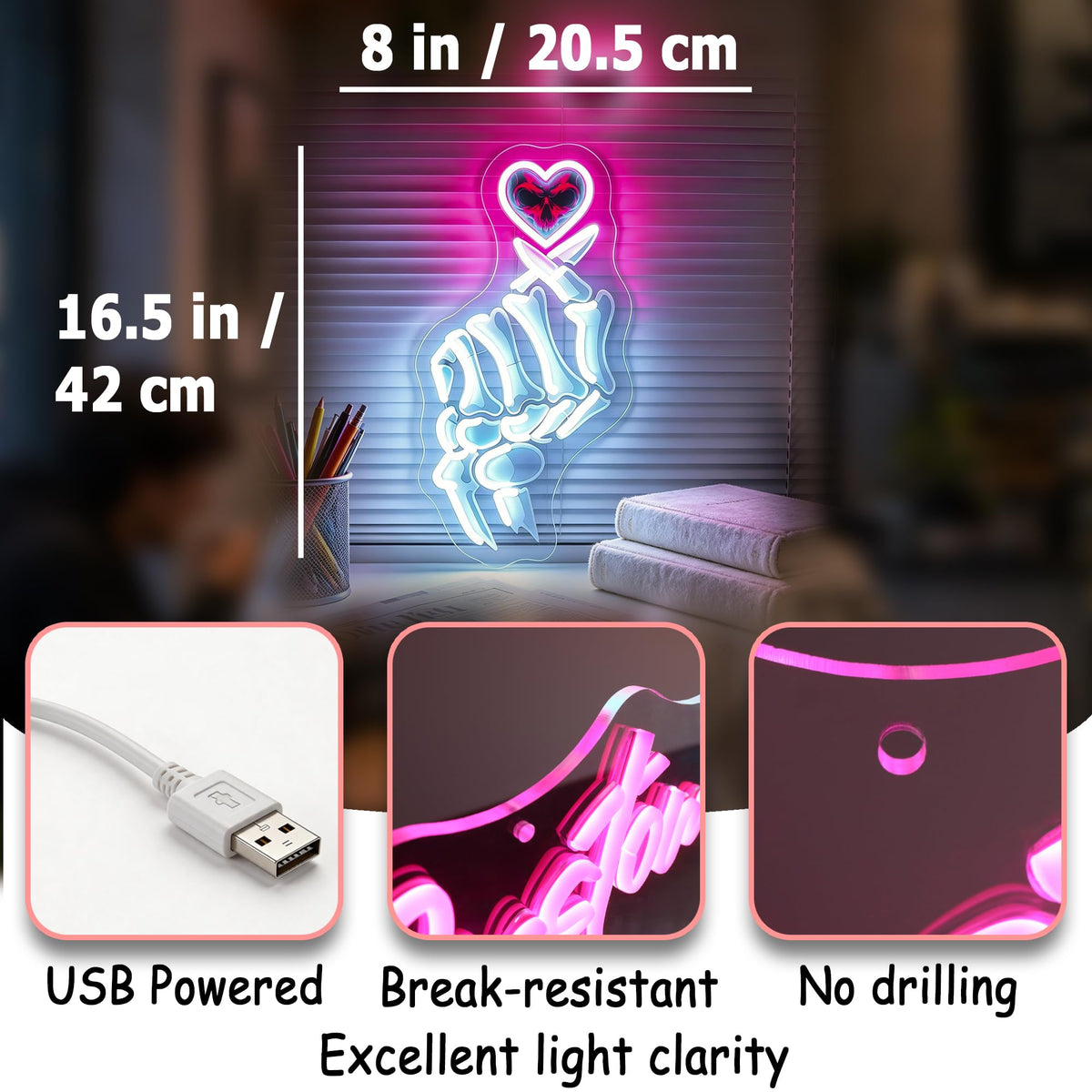 Whfobfe White&Pink Neon Sign Led Neon Lights Signs for Wall Decor USB Powered Led Signs for Room Decoration-Skeleton Finger Heart
