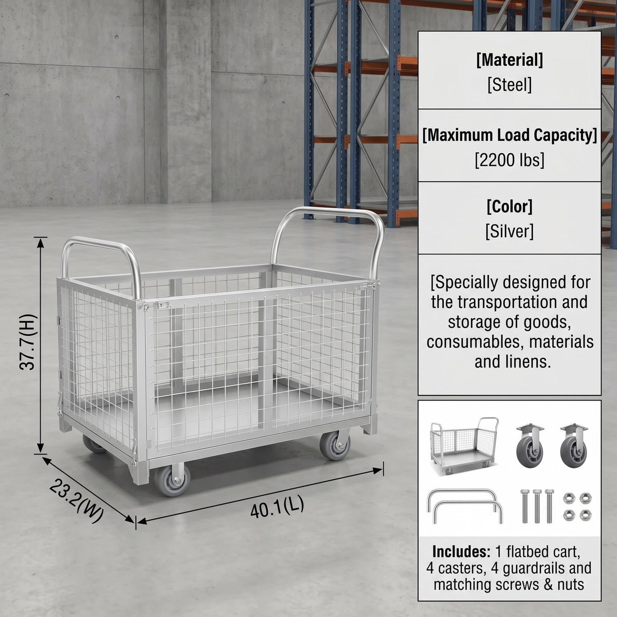 Platform cart, with cage, 4-in-1 Multi-Purpose Rolling Heavy-Duty cart, Rollable Folding cart, Load Capacity 2200 pounds, pushcart with 4 Wheels, Used in Grocery Stores,garages, Warehouses (Silver)