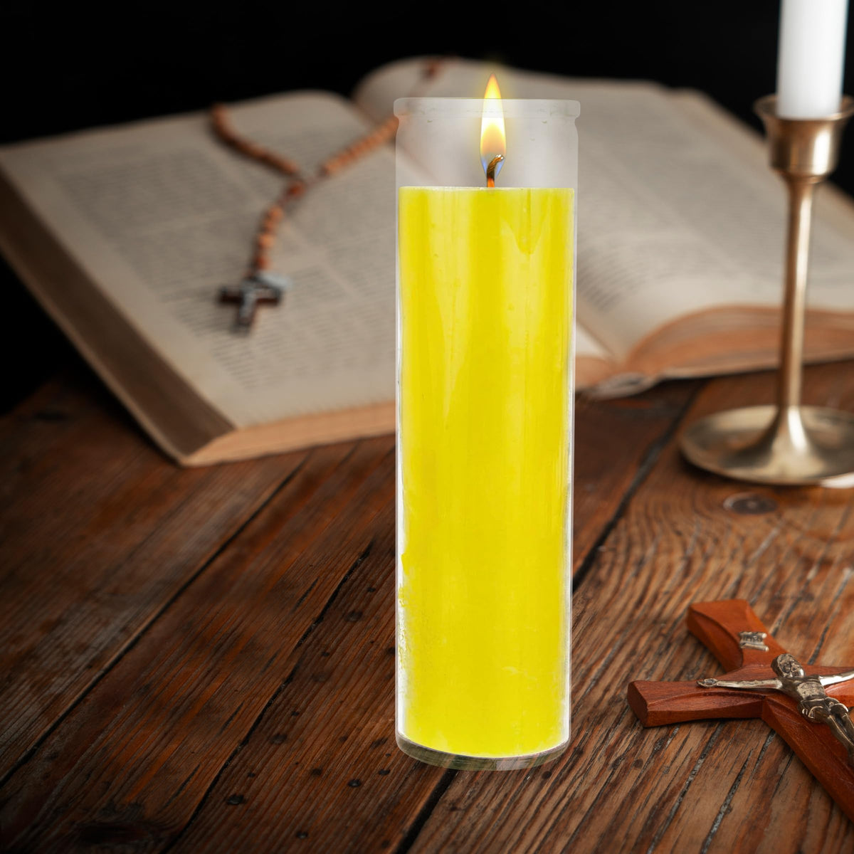 Mega Candles 3 pcs Unscented Yellow 7 Day Glass Container Devotional Prayer Candles, Premium Wax Candle 2 Inch x 8 Inch, Sanctuary, Vigils, Prayers, Blessings, Religious, Memorials, Remembrance
