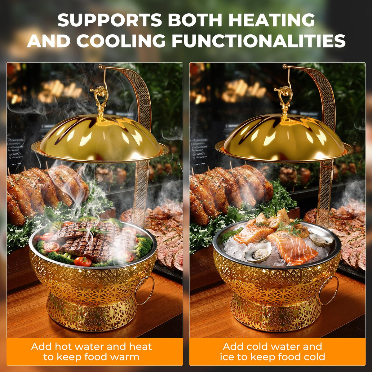 Chafing Dishes Set Gold Stainless Steel, 8 Quart Hollow-Out Buffet Food Warmer, Luxury Catering Warmer for Wedding, Hotel, Party & Christmas (Gold, 4PCS)