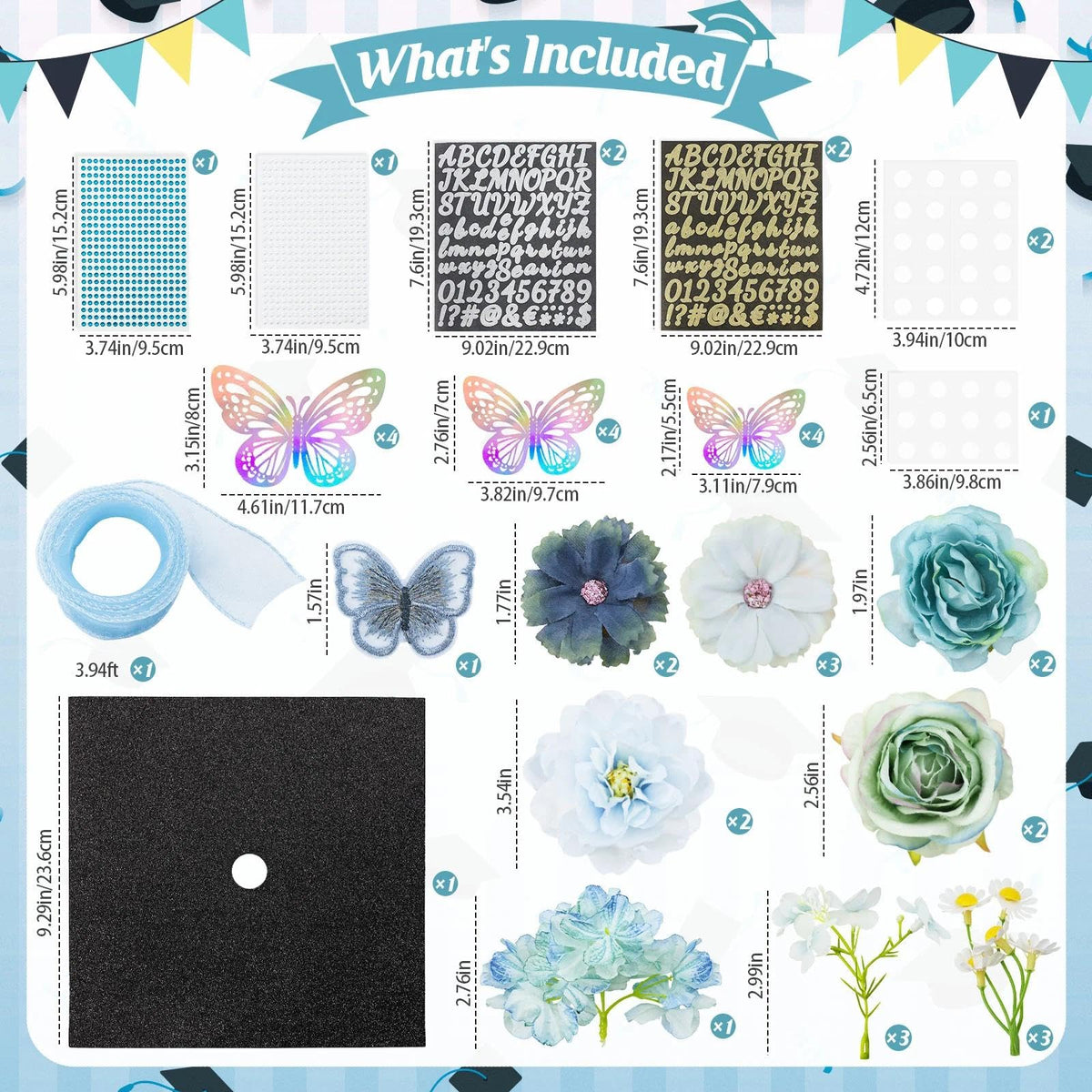 HCKLM Graduation Cap Decorations Kit - Assorted Flowers 3D Butterfly Stickers Glitter Rhinestones Alphabet Letter Number Stickers for DIY Grad Cap Topper 2026 Graduation Party Supplies (Blue)