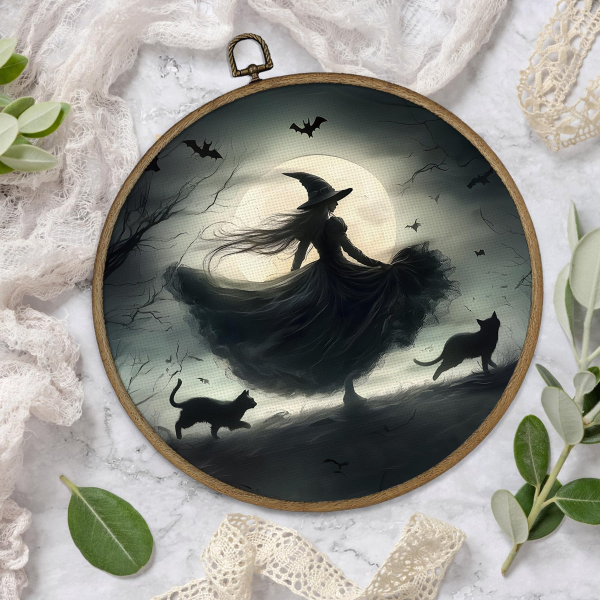 Gnmduw Witchy Black Cat Wall Art Framed, Dark Witchy Academia Decor, Halloween Witch Round Hanging Wall Decor, Dark Gothic Moody Academia Canvas Prints Art for Living Room Bathroom Bedroom, 10x10 In
