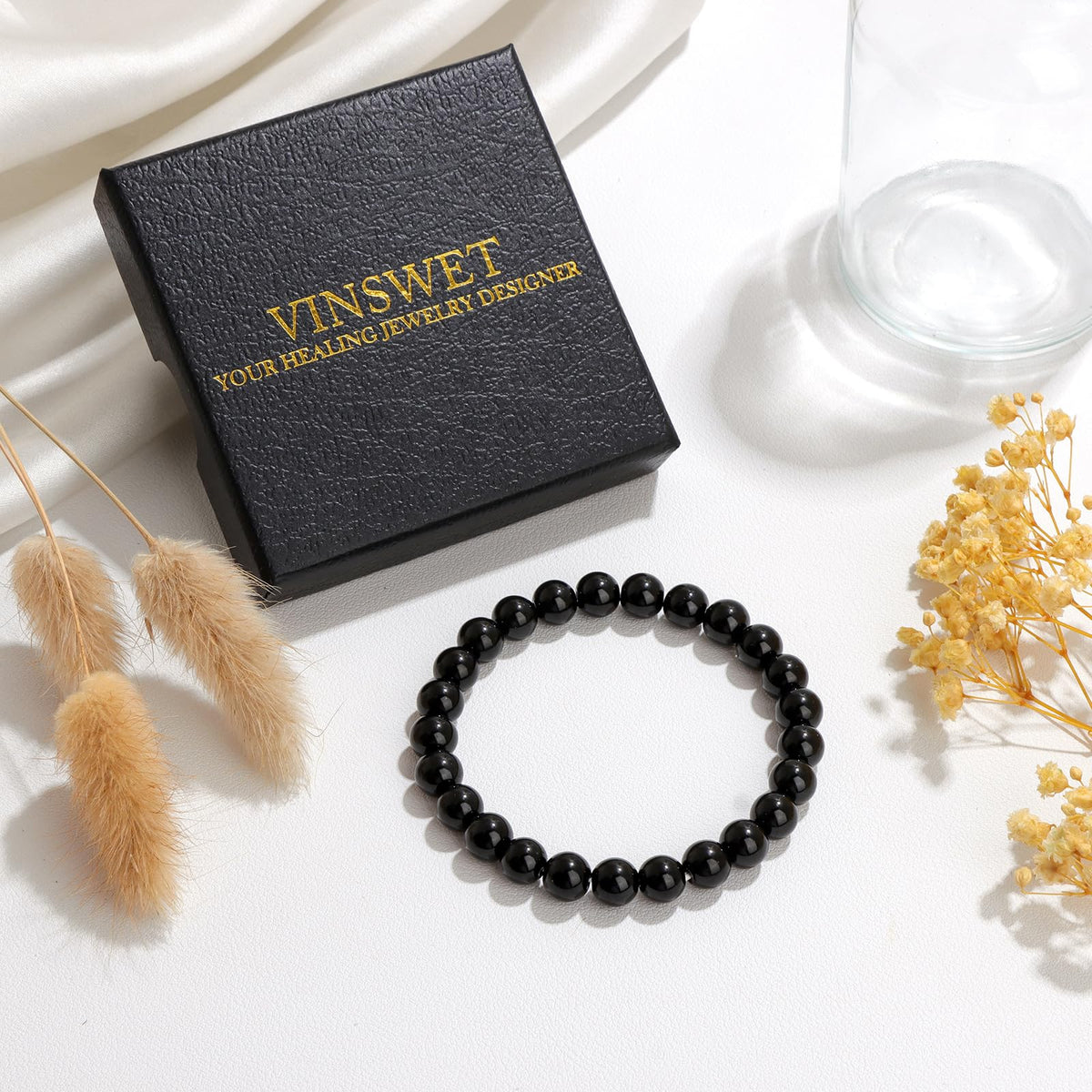 Vinswet Healing Crystal Bracelets for Women Men 8mm Black Obsidian Natural Stone Beaded Stretch Bracelet Handmade Gemstone Reiki Spiritual Jewelry Gifts