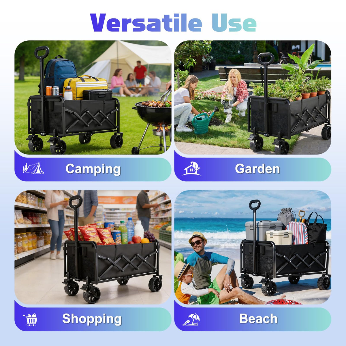 500LBS Collapsible Wagon Cart Foldable - 230L Large Heavy Duty Utility Cart with 360°Swivel Brake Wheels, Lightweight Collapsible Wagon for Groceries Camping & Beach