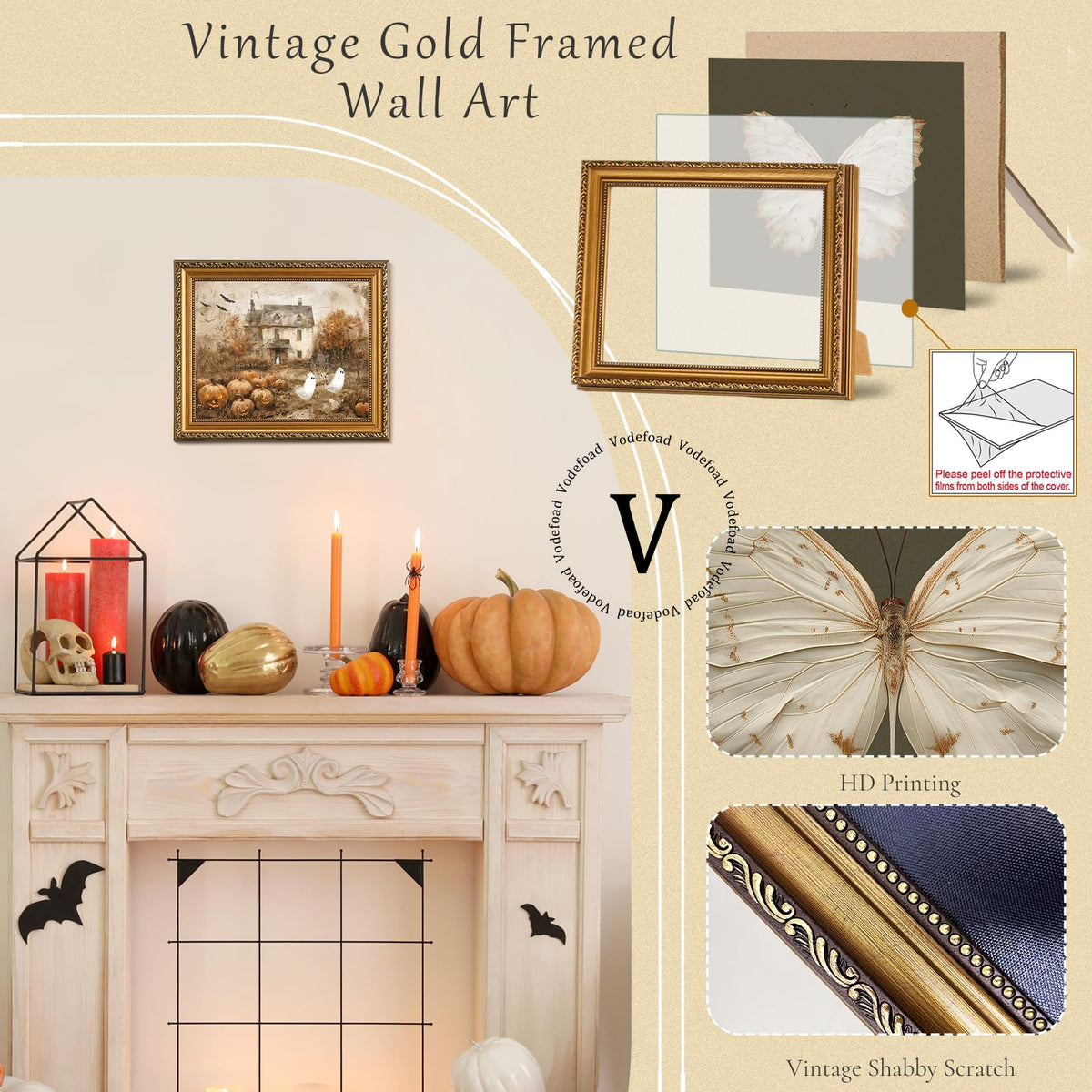 Vodefoad Retro Detachable Gold Framed Wall Art for Home Decor Halloween Pumpkins with Cute Ghost Farmhouse Gold Framed Wall Decor Prints Halloween Gothic Dark Academia Painting Picture for Kitchen, Gallery, Bathroom Wall decor - 8x10Inch