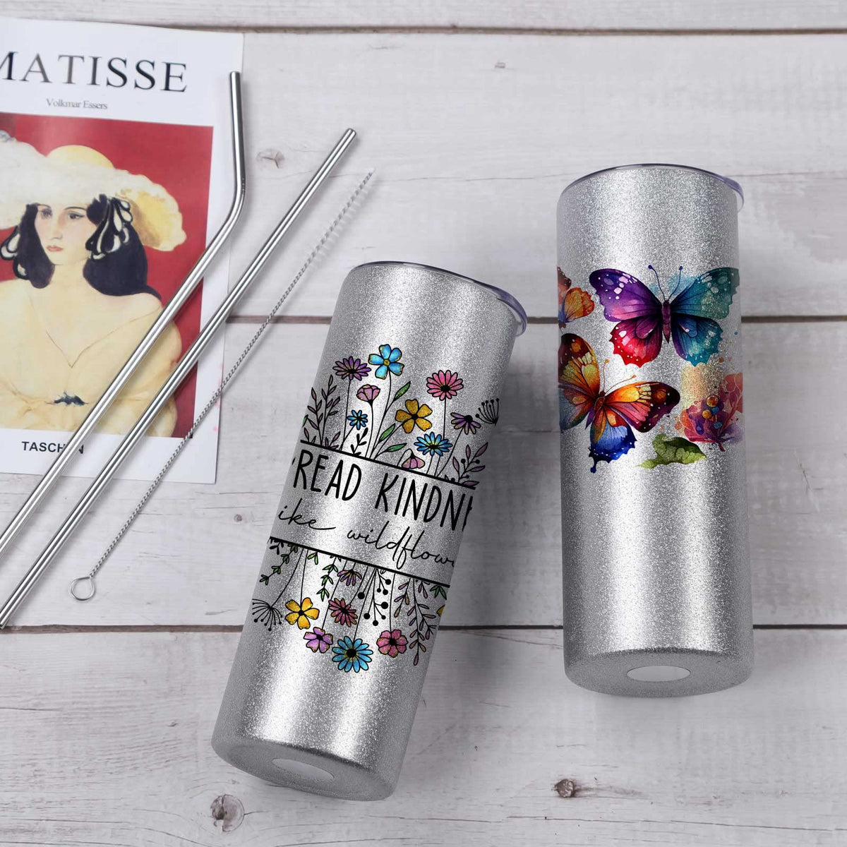 Wzaytia Glitter Sublimation Tumblers 20 Oz Skinny Straight, 8 Pack Sublimation Glitter Skinny Tumbler Blanks, Insulated Stainless Steel Tumbler, Silver