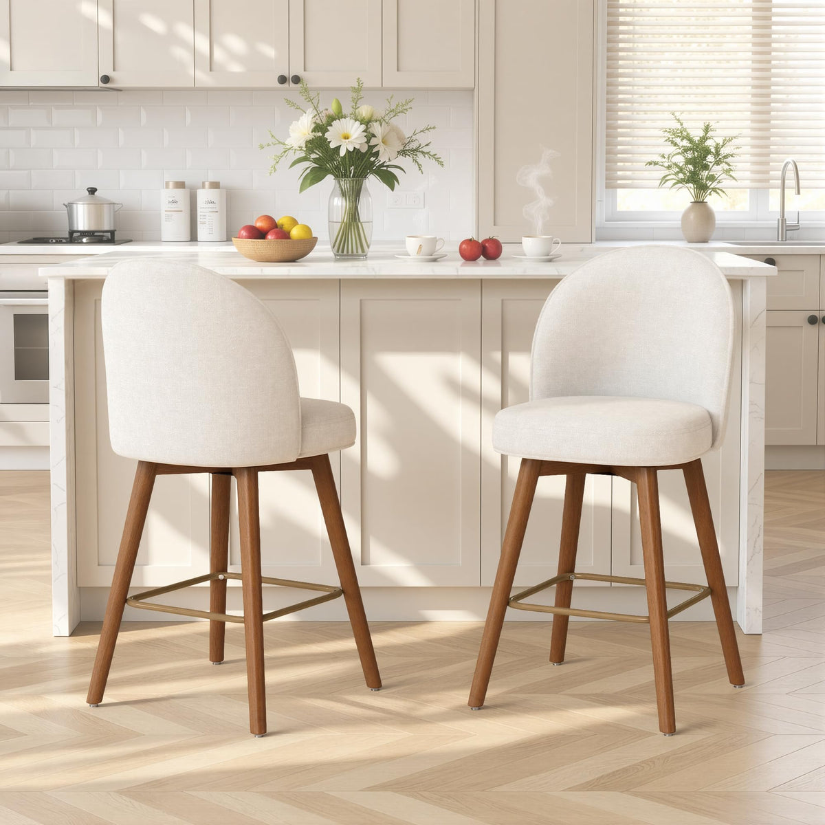 Daluvenix Modern Swivel Bar Stools Set of 3, Chic Upholstered Counter Height（26IN） Bar Chair with Back, Solid Wood Legs and Footrest, Comfortable Chenille Bar Stool for Kitchen Island, Cream White