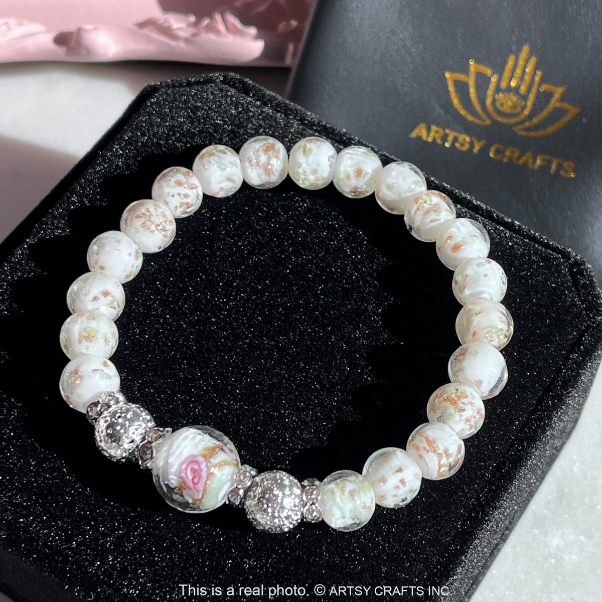 ARTSY Crafts Glow in the Dark Firefly Beads Bracelet for Women, Luminous Glass Beads Healing Crystal Glowing Beaded Bracelets, Mermaid Bracelet, Stretch Stackable Bangle Wristband (White)