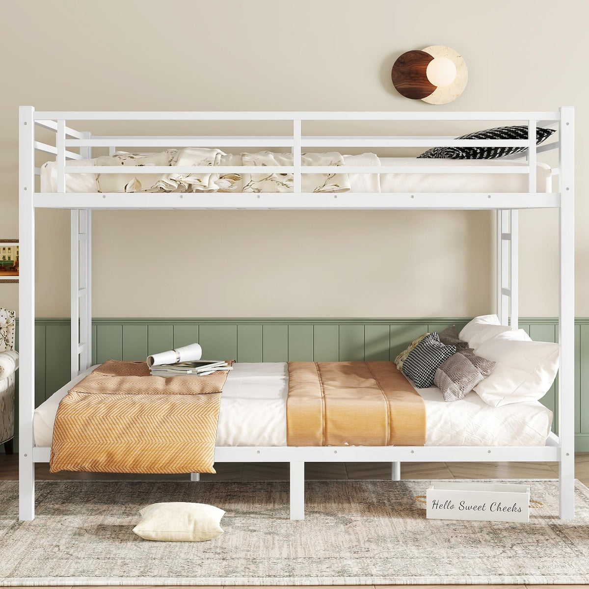 Queen Over Queen Bunk Bed for Adults, Teens, Heavy Duty Bunk Beds with 2 Ladder and Safety Guardrails, Adults Bunk Beds with Noise-Reducing Rubber Stoppers, Easy Assemble, White