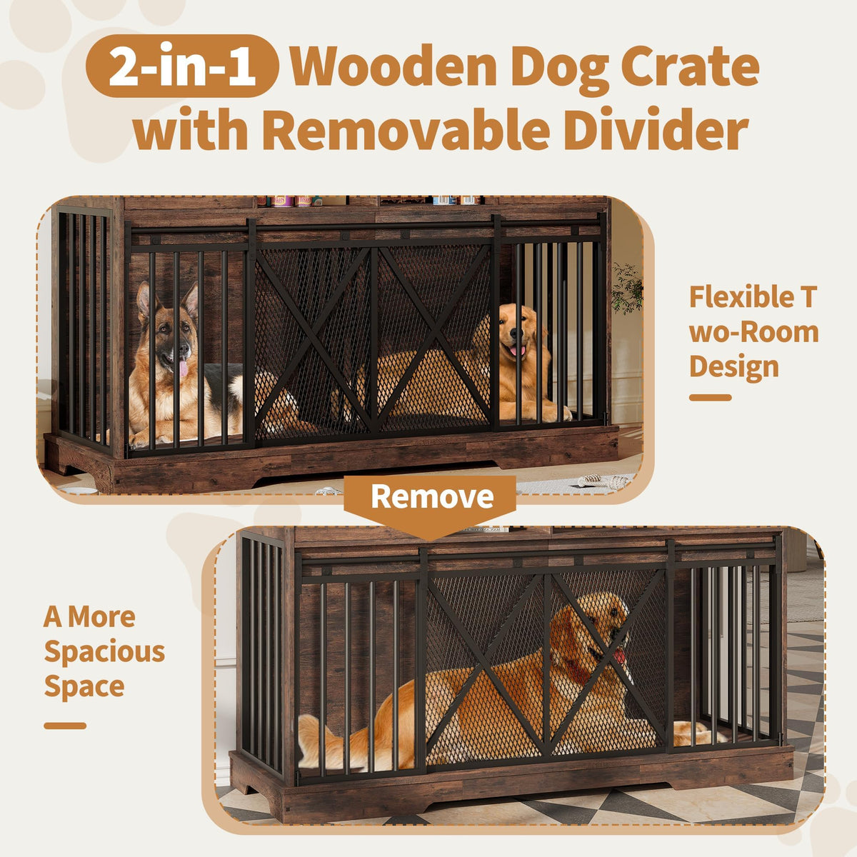 Double Dog Crate Furniture, 63 Inch Heavy-Duty Dog Kennel with Center Divider, Sliding Doors, Drawers and Open Shelves, Indoor Dog House for Living Room, Retro Brown