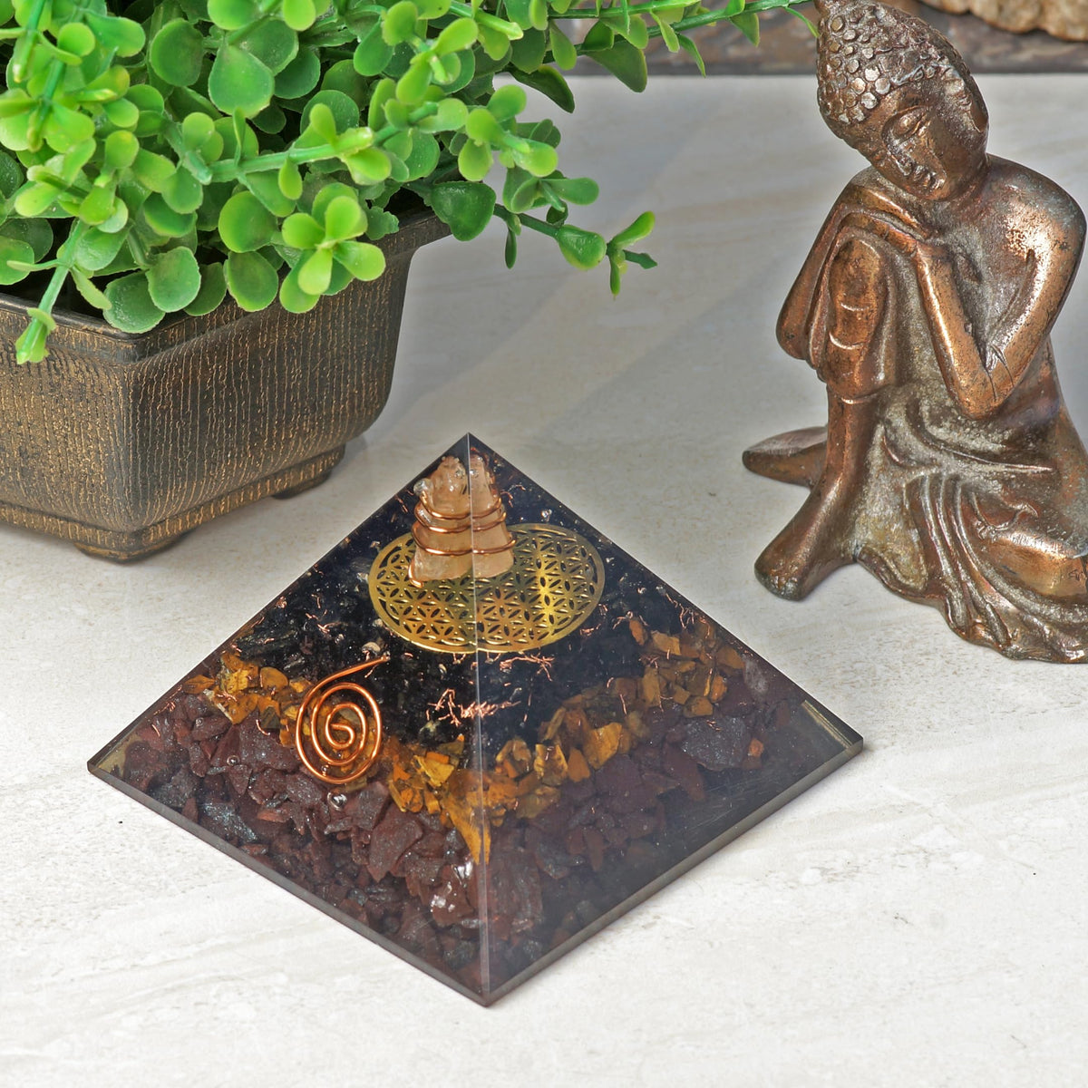 Orgonite Crystal Triple Protection Orgone Pyramid with Black Tourmaline, Tiger Eye and Hematite Crystal – Flower of Life Pyramid for Spiritual Healing, Meditation, Yoga, Reiki Gift, Office, Home Décor