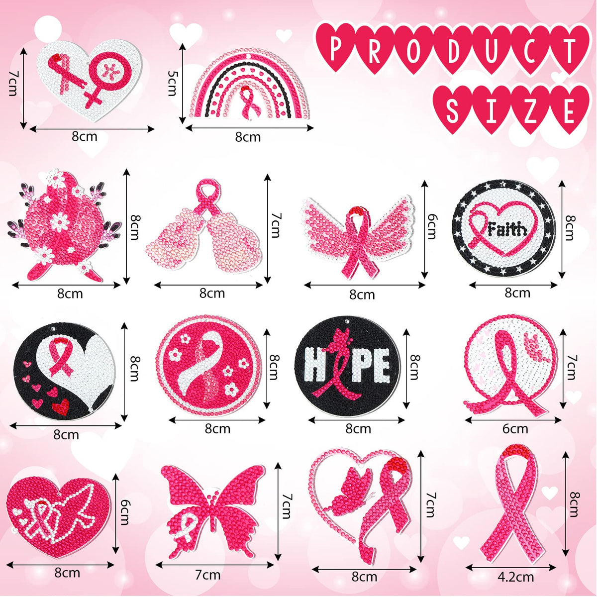 Estune 28 Pcs Breast Cancer Diamond Painting Keychains Pink Ribbon Diamond Art Key Chain Double Sided 5d DIY Painting Kits Keyring Pendant for Beginners Adults Women Gift