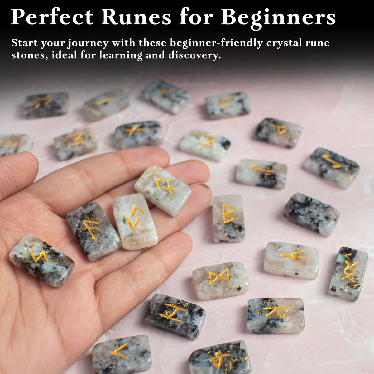 Crocon rectangle shape gemstone runes with Elder Futhark Alphabet Engraved |25 pcs rune set |Crystal Divination Healing Chakra Reiki set| with a pouch|Size: 20-25mm (Rainbow moonstone rune)
