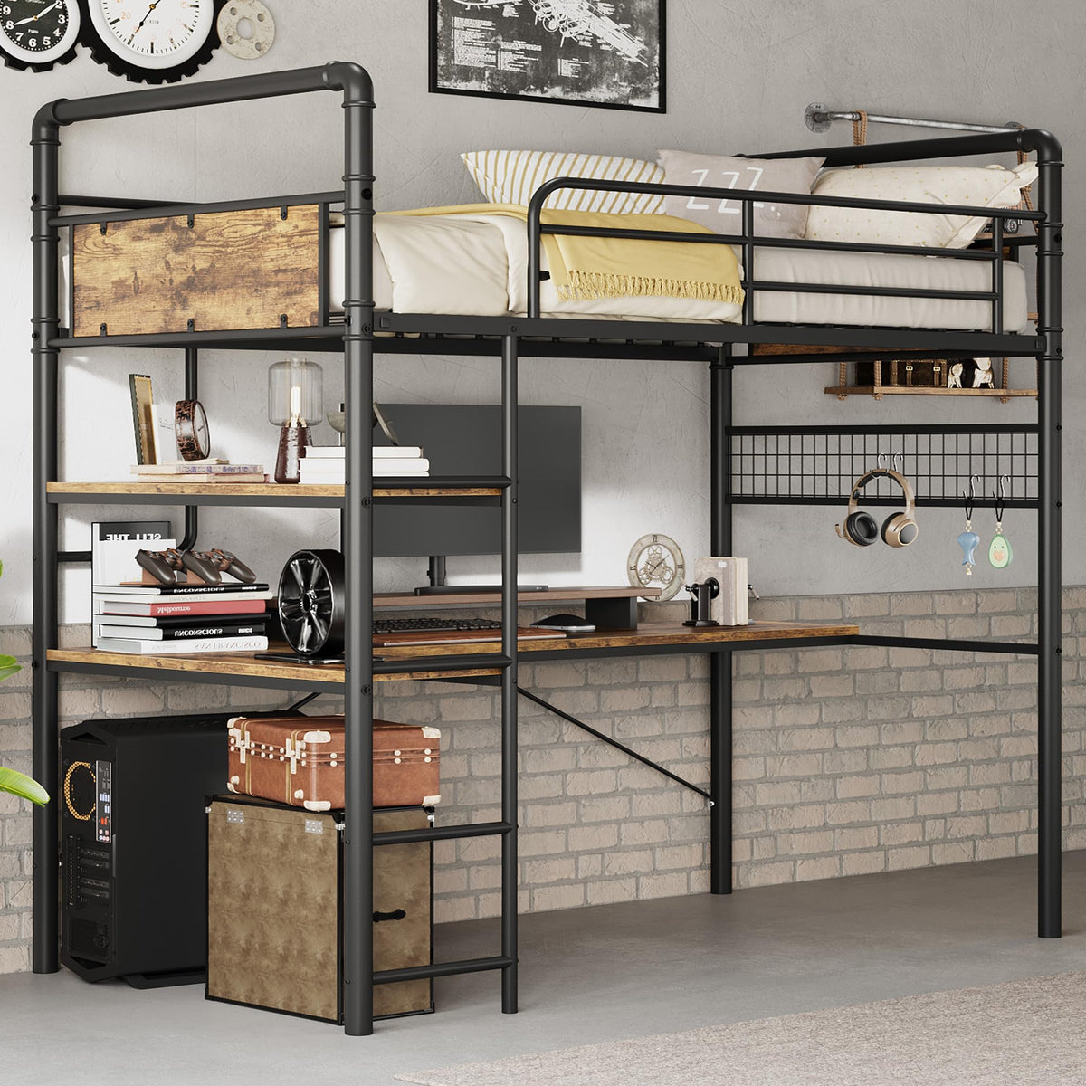 IDEALHOUSE Loft Bed Twin Size with l-Shaped Desk, Metal Bunk Bed with 2 Open Shelves and Decorative Mesh, Twin Loft Bed with 13.4" h Safety Guard & Ladder,No Box Spring Needed,Brown