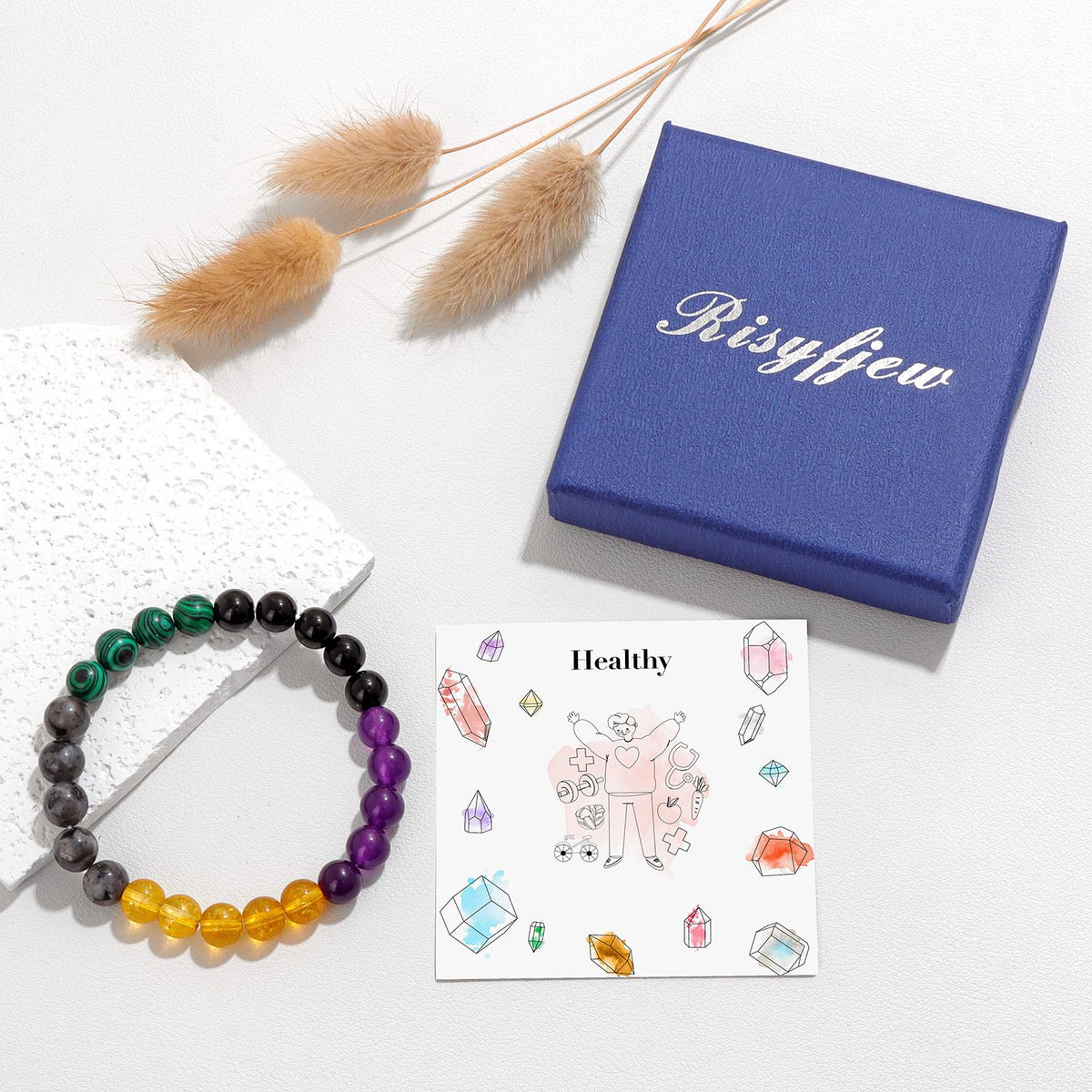 Risyfjew Natural Healing Crystal Bracelet for Women Healthy Bracelets Calming Jewelry Gifts Worry Stone Amethyst Tiger Eye Sodalite
