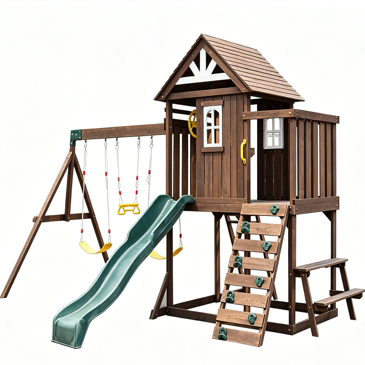Wooden Swing Set with 2 Swings, Wave Slide, Play Deck, Climbing Wall & Trapeze Rings - Outdoor Backyard Playset for Kids - Heavy Duty Wooden Jungle Gym