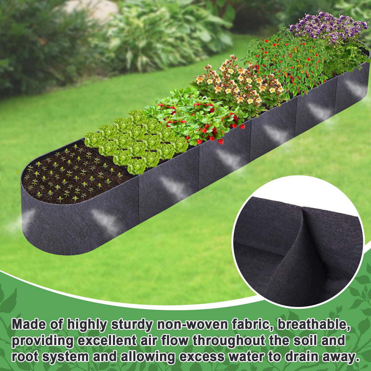 POILKMNI 12x2x1ft Oval Fabric Raised Garden Bed - Outdoor Planter Box Non-Woven Fabric Patio Planting Bed Garden Grow Bed Bag for Growing Herbs, Flowers and Vegetables