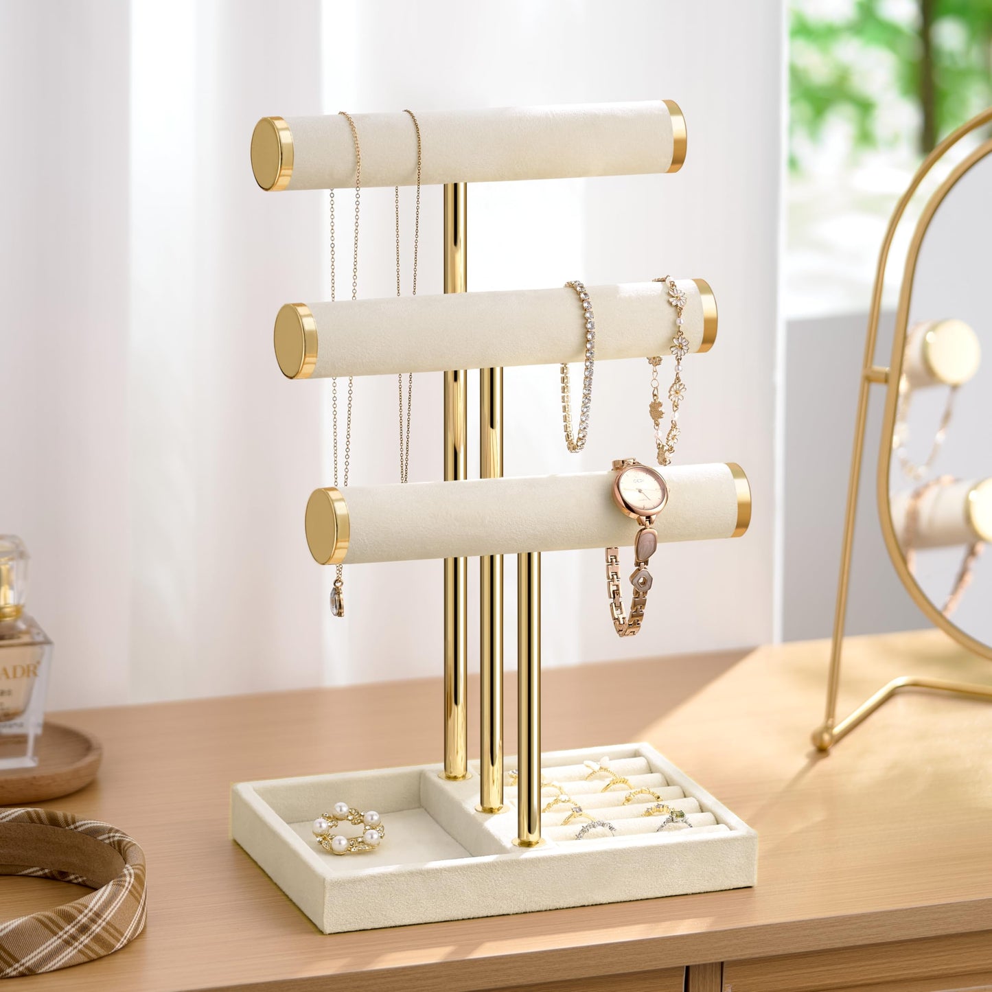 Josmimic Bracelet Holder Jewelry Organizer Display - 3 Tier T Bar Velvet Stand, Beige Jewelry Storage for Bracelet, Necklaces, Watches