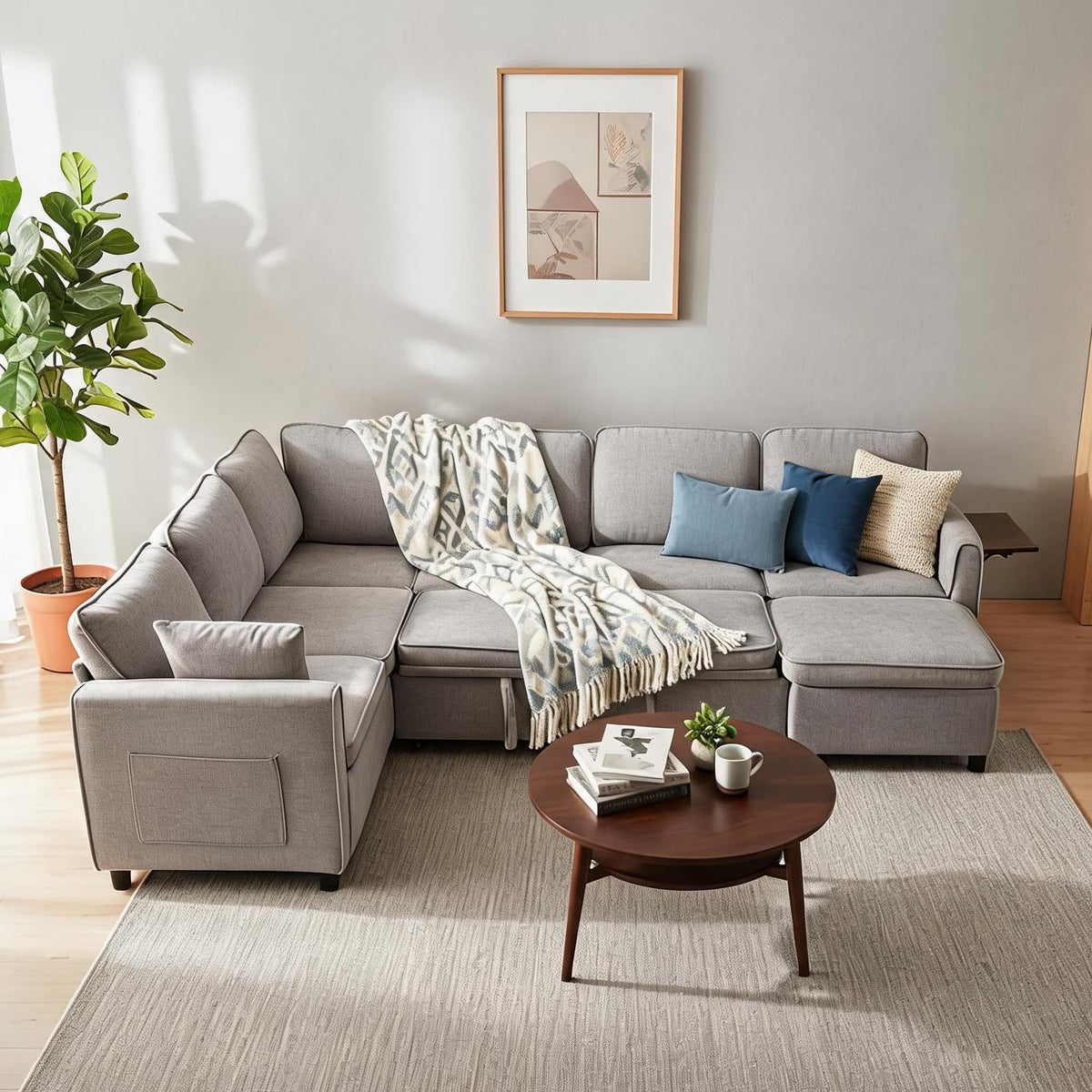 Modular Sectional Sleeper Sofa with Pull Out Bed, 116" Large U Shaped 7 Seater Sectional Couches with Ottoman, Charging Port & Foldable Side Table, Comfy Chenille Cloud Sofas for Living Room, Grey