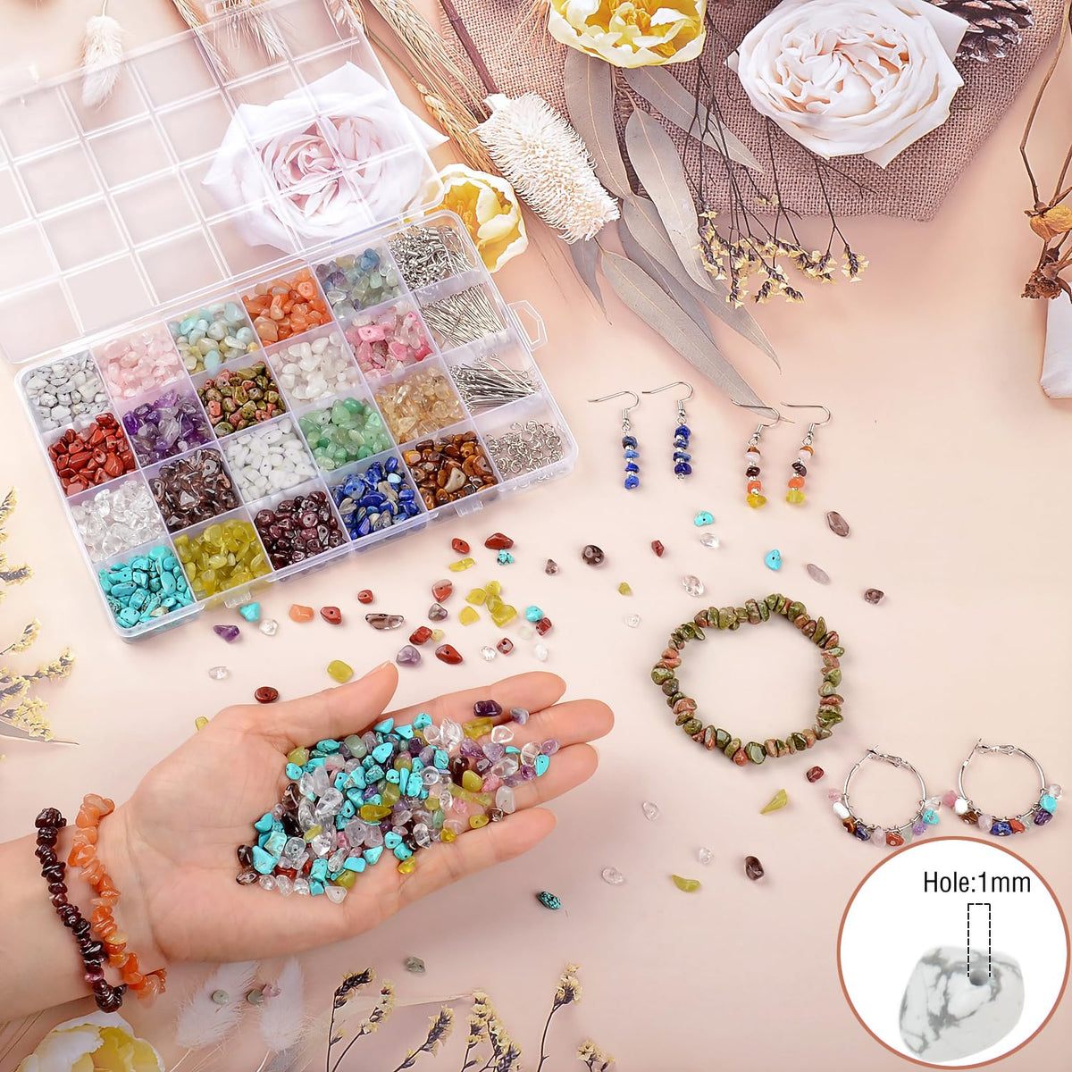 LPBeads Jewelry Making Kit 1200 PCS Natural Crystal Beads in 20 Colors Gemstone, Jump Rings, Earring Hooks, Pins, Elastic Bracelet String for Women and Adults