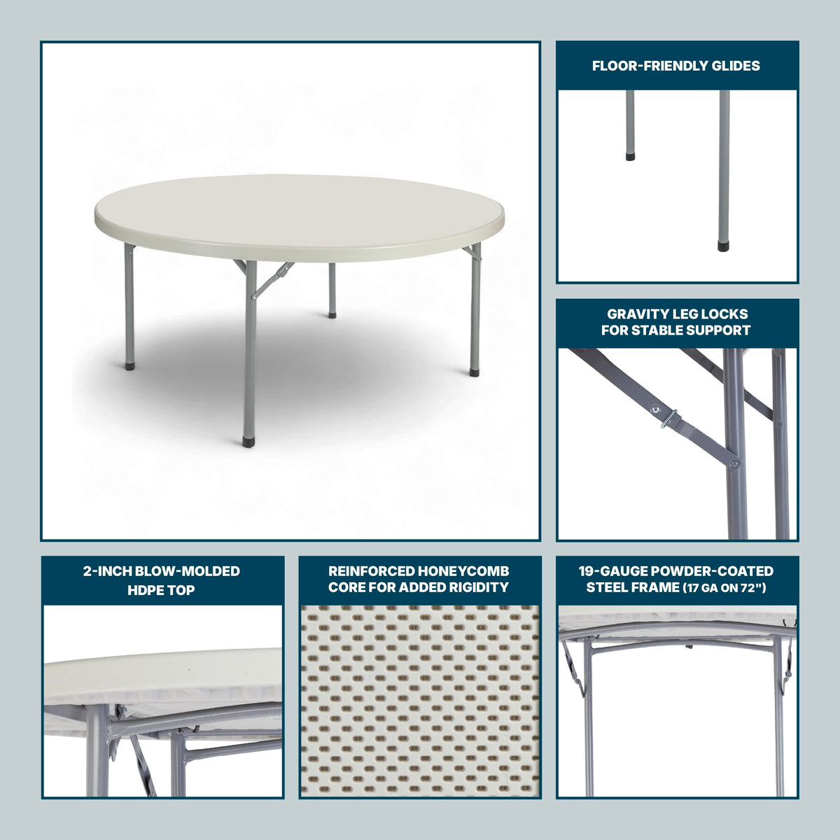 OEF Furnishings OEFBT60R Round Commercial-Grade Premium Industrial Folding Table, Heavy-Duty Blow-Molded Design with Thick Top and 17-Gauge Steel Frame (60" Diameter, Speckled Gray Top)