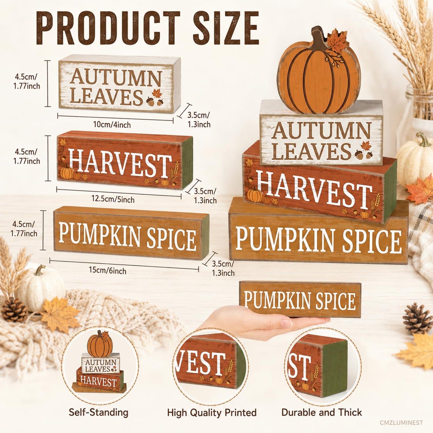 4 Pcs Fall Table Decor, Farmhouse Stacked Wooden Block Signs with Pumpkin Accents, Rustic Thanksgiving Tiered Tray Decorations, Autumn Harvest Tabletop Centerpiece for Home Kitchen Party