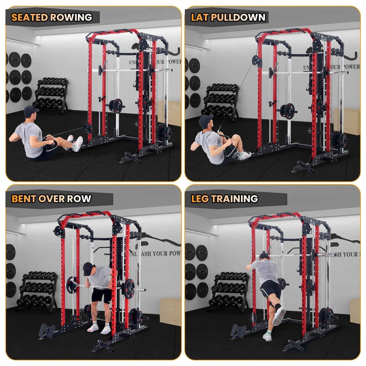 Patikuin Heavy-Duty Power Cage Smith Machine – Multi-Functional Comprehensive Home Gym Rack with Cable Crossover, Dual Pulley, LAT Pulldown, Dip Bars, Tricep Rope – Space-Saving, Black-Red