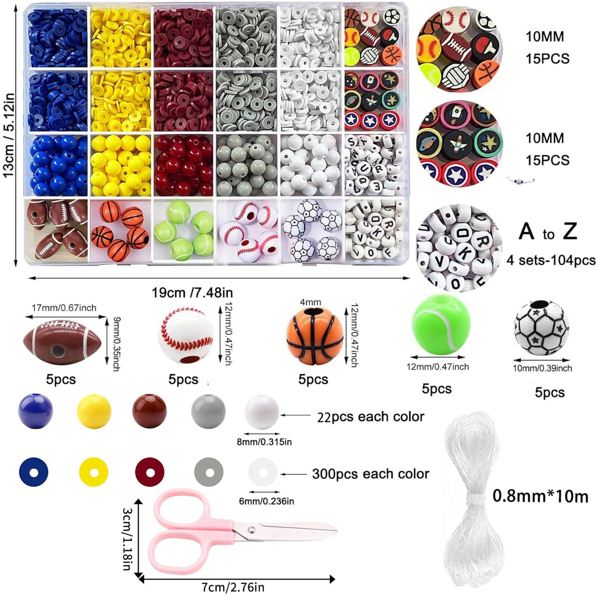 1769Pcs Acrylic Sports Ball Beads Kit for DIY Bracelet, Necklace & Jewelry Making, Letter Beads Volleyball Baseball Basketball Football Soccer Charms, Birthday Party Supplies Handmade Gifts