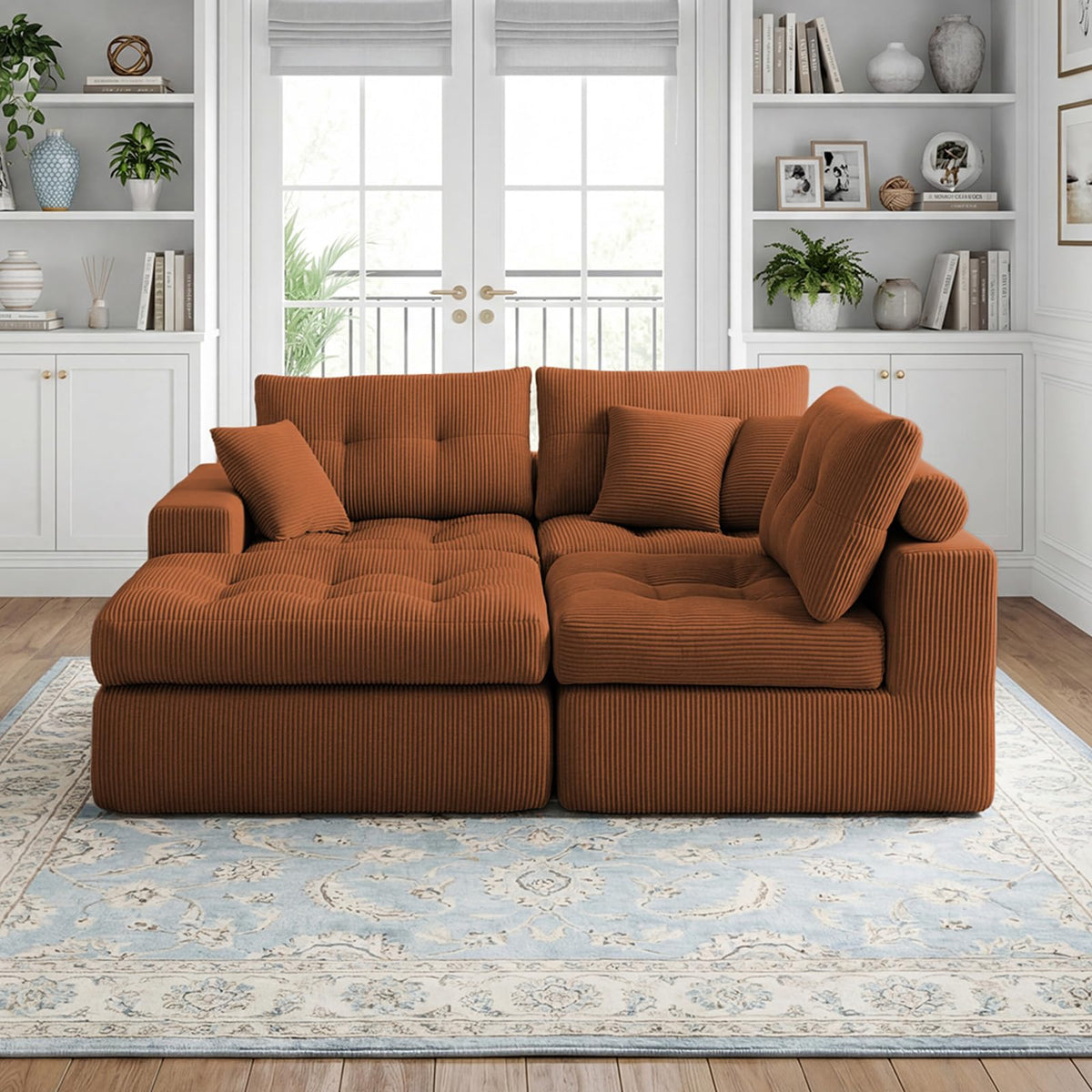 113-Inch L-Shaped Modular Corner Cloud Sofa Corduroy Tufted Foam Sectional with Deep Seat, 4 Pieces Compressed Boneless Sofa Couch with Movable Ottoman & 4 Toss Pillows