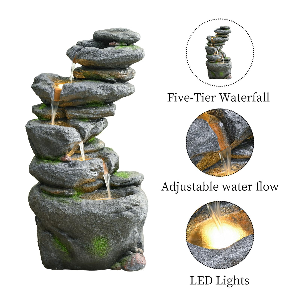 38" Outdoor Garden Water Fountain with Lights 5 Tiers Cascading Large Waterfall Floor Standing Fountain for Patio, Backyard, Deck, Porch and Home Art Decor
