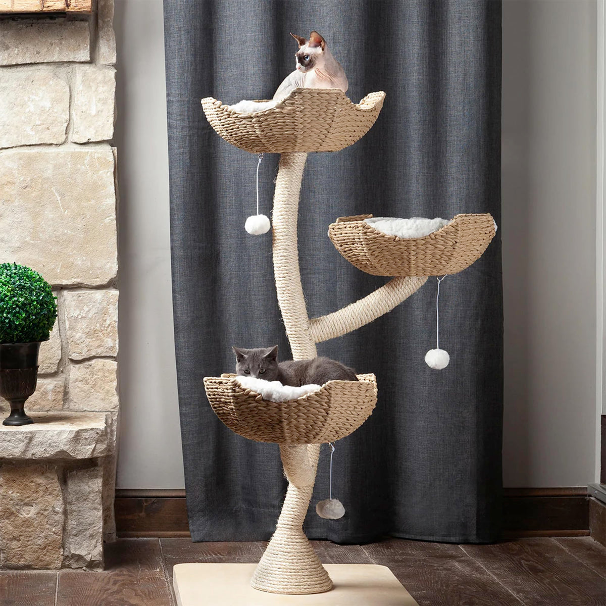 Habitat Haven The Sanctuary Cat Tree - Luxury Cat Condo, Large Modern Indoor Tower with 3 Faux Fur Beds, Scratching Posts, and Toys for Cats, 23-Inch Width x 23-Inch Depth x 52-Inch Height