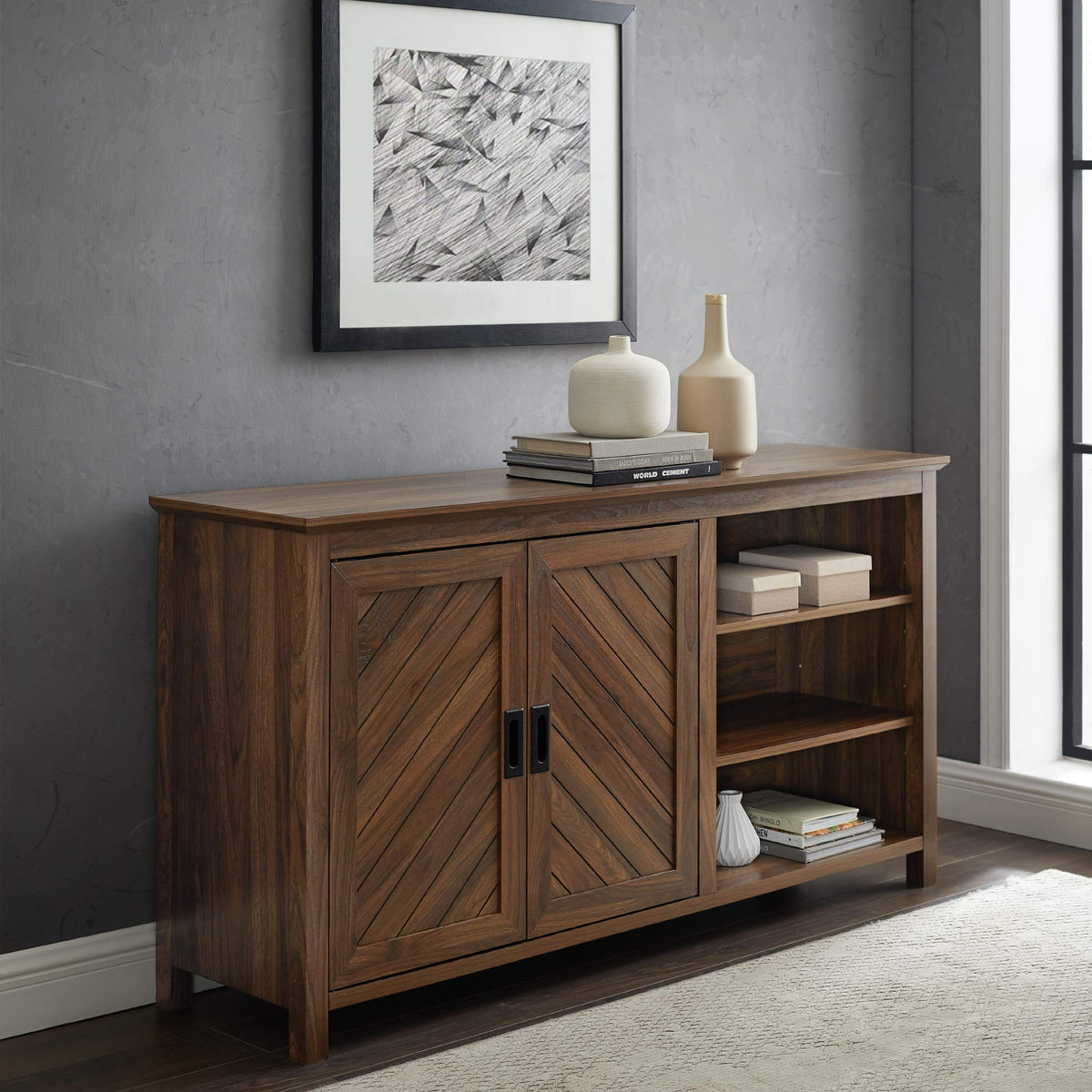 Walker Edison Modern Wood Grooved Buffet Sideboard with Open Storage Entryway Serving Storage Cabinet Doors Dining Room Console, 58 Inch, Dark Walnut