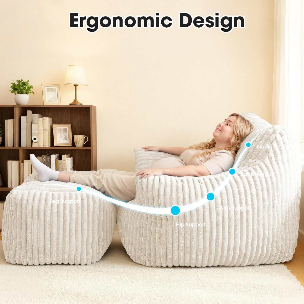 HarborHue Giant Bean Bag Chair with Ottoman, Oversized Memory Foam Bean Bag Sofa for Adults and Kids, Large Comfy Fluffy Single Lounges Mini Couch for Living Room, Bedroom & Dorm(Beige)
