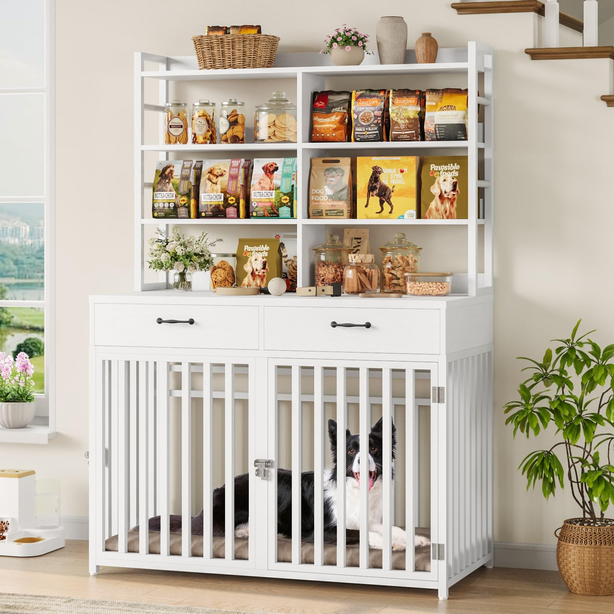 Keyluv 71''H x 47.2''W Large Dog Crate Furniture with 4-Tier Shelves and 2 Storage Drawers, Heavy Duty Dog Cage Furniture with 2 Doors, Wood & Metal Dog Kennel Indoor for Small/Medium/Large Dog, White