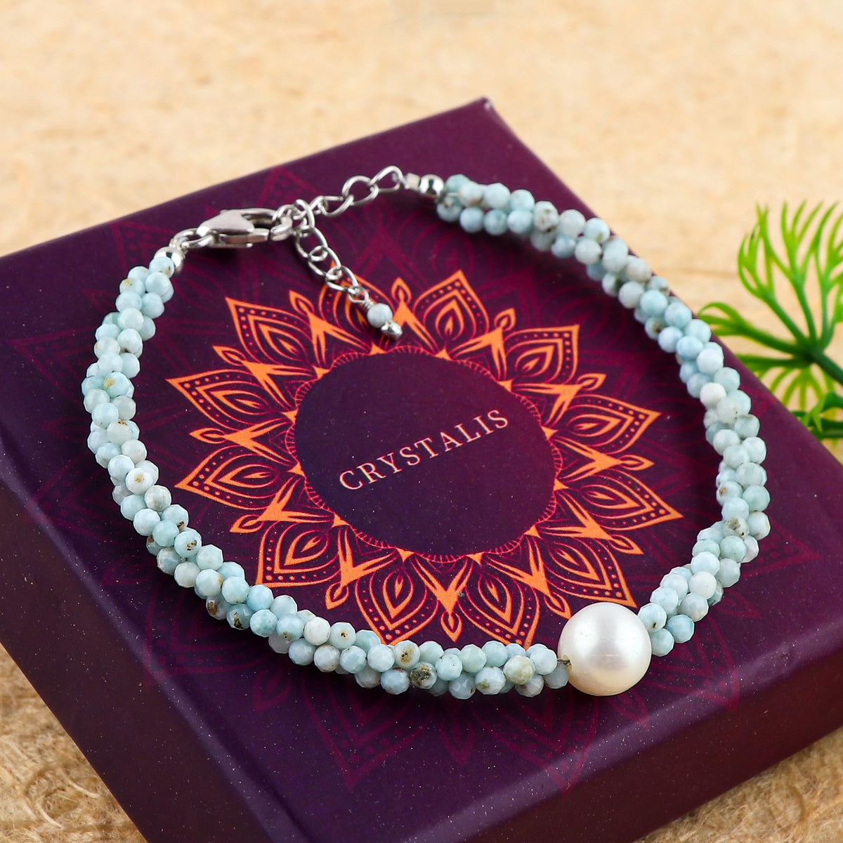 CRYSTALIS Natural Caribbean Larimar Beads Twisted Rope Bracelet with Elegant Pearl, High Grade Gemstones, Chakra Healing Stones, Womens Gift Jewelry, Silver Plated Brass Bracelet 8 inch