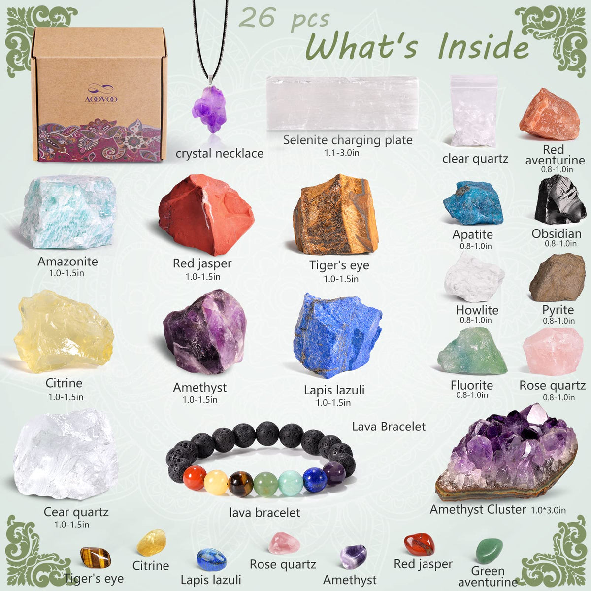 AOOVOO 26 PCS Crystals and Healing Stones, Healing Crystals Gift Set, 7 Raw Chakra Stone, 7 Tumbled Gemstones, Crystal Amethyst Necklace, Selenite Plate, Lava Bracelet, Clear Quartz, Gift Box