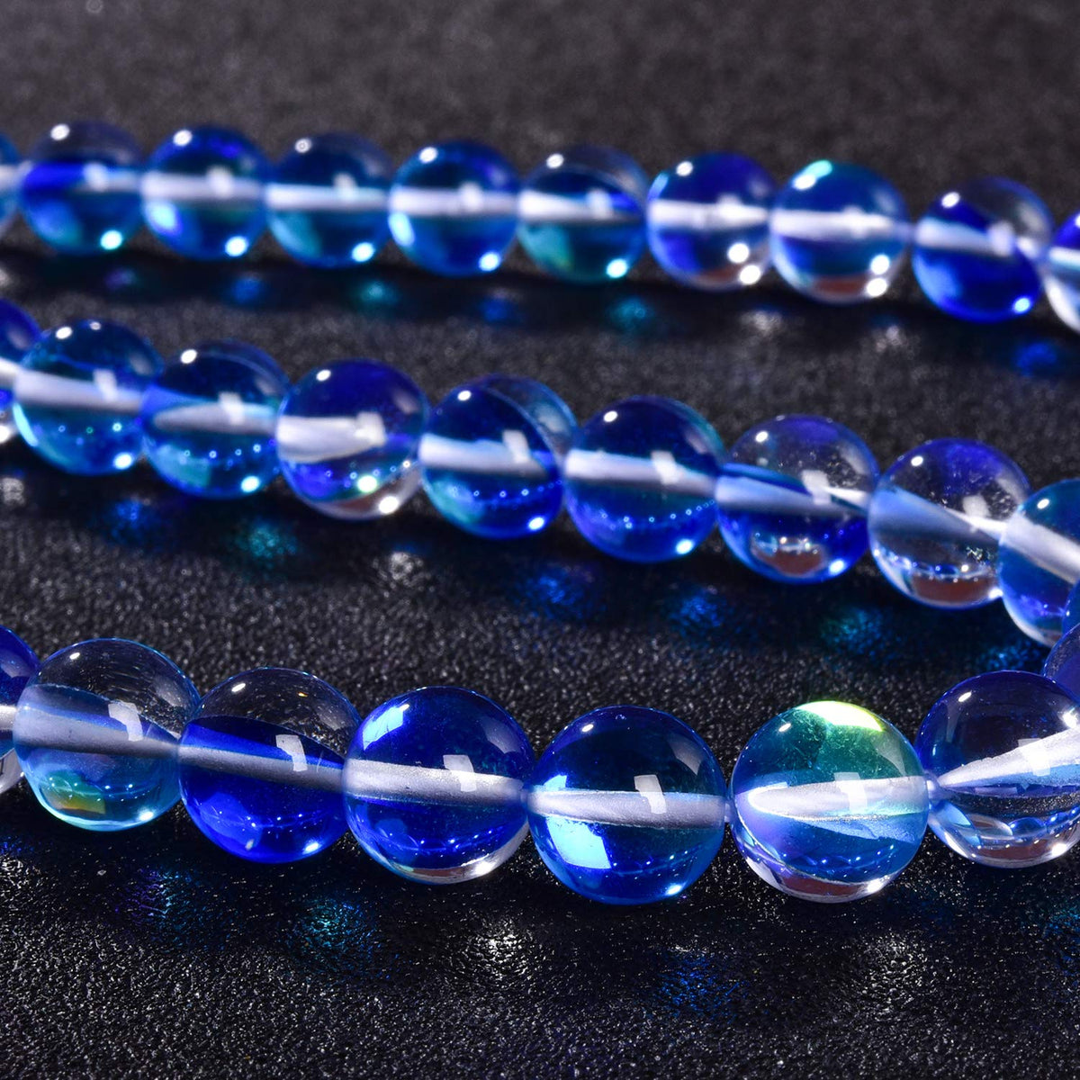 Asingeloo 60PCS 6mm Blue Angel Aura Beads Round Gemstone Polished Mermaid Aura Moonstone Smooth Stone Loose Beads Crystal Quartz for DIY Jewelry Making 1 Strand 15'