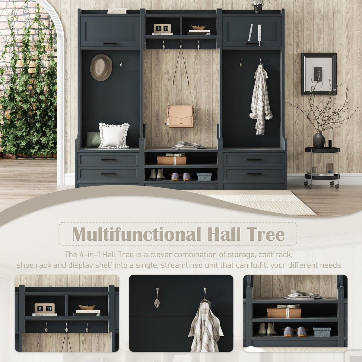 4-in-1 Antique Blue Hall Tree with Bench and Shoe Storage, Mudroom Bench with Storage and Hooks, Entryway Coat Rack with Drawers and Cabinet, MDF & Particle Board, Multi-Functional Hallway Organizer