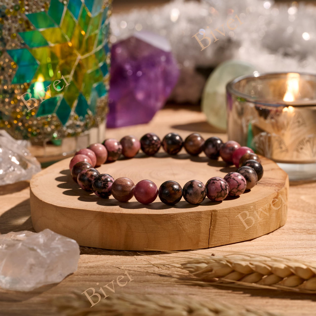 Bivei Rhodonite - Compassion - 8mm Beaded Bracelets for Women Handmade Semi Precious Natural Stone Stretch Elastic Jewelry Yoga Protection Gifts