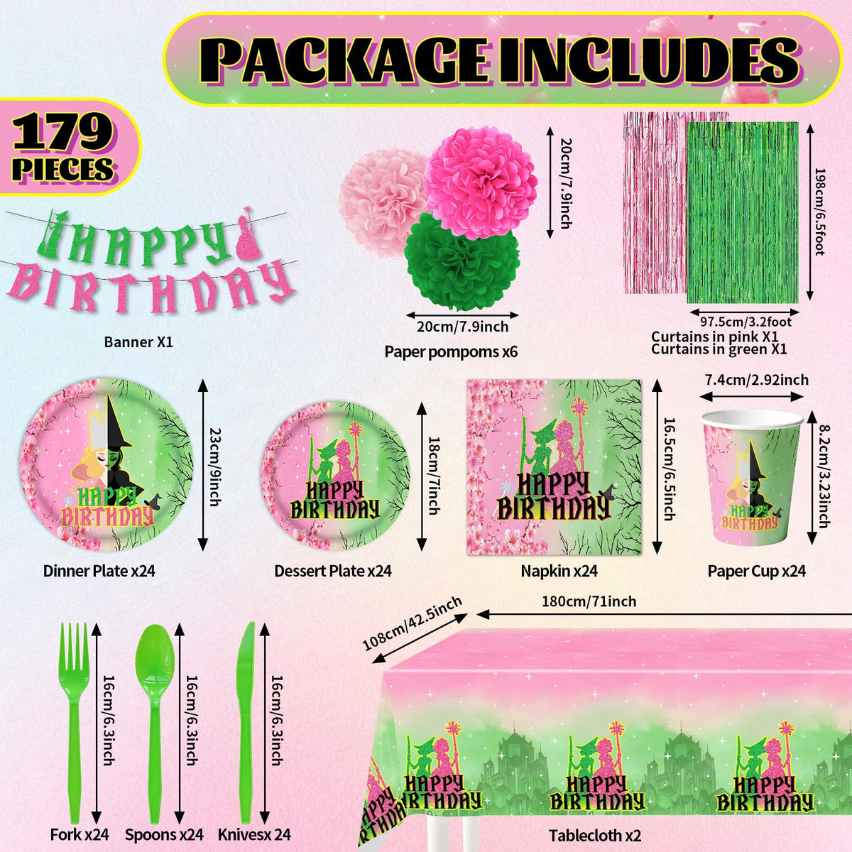 179Pcs Pink and Green Witch Party Decorations Tableware,Witch Table Centerpieces Movie Themed Birthday Party Supplies Include Banner Paper Pom Poms Plates Knives Forks Cups Set for Severs