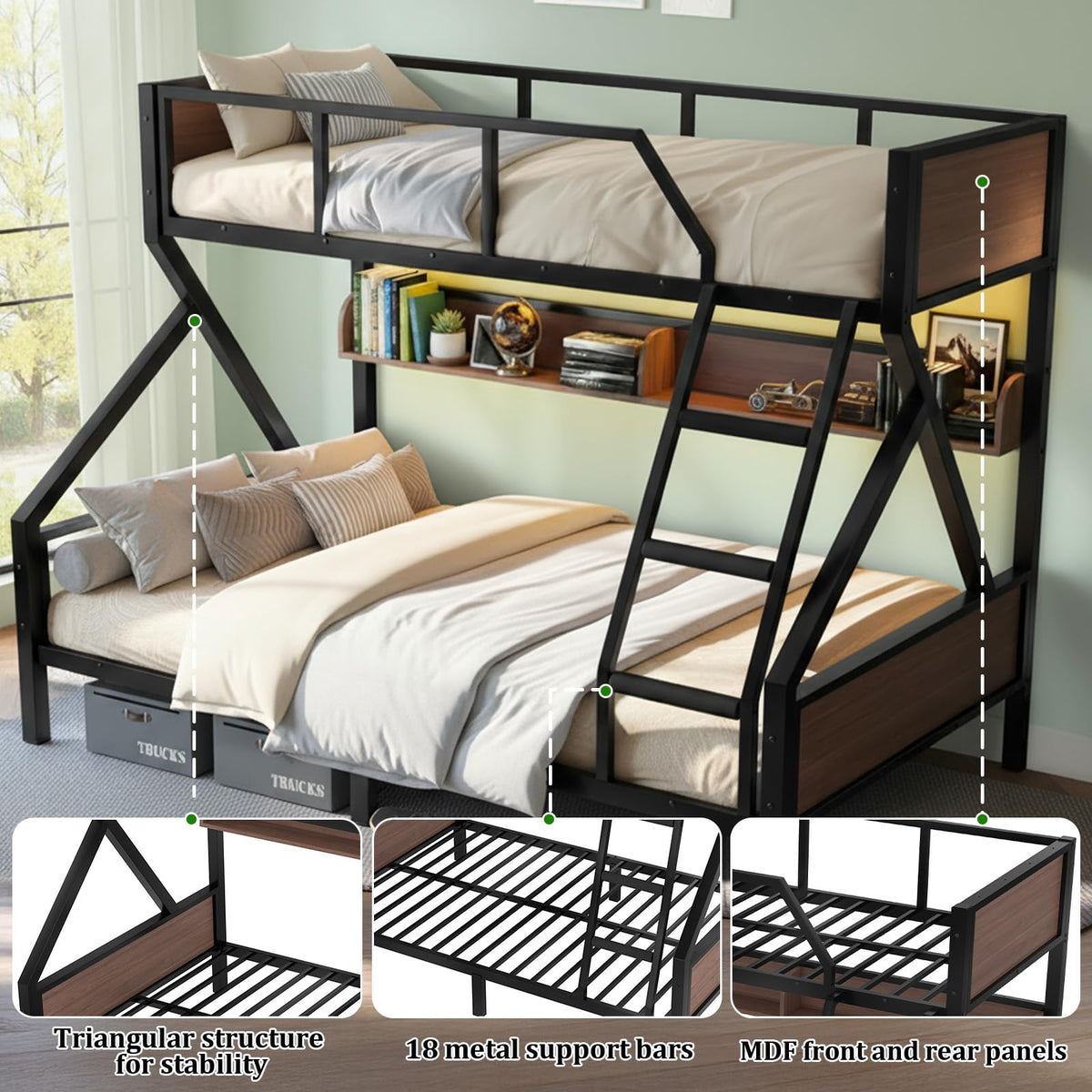HKOLIE Twin XL Over Queen Bunk Bed with Storage Shelves & LED Lights, Heavy Duty Metal Bunk Bed Frame with Stairs, Noise-Free Design, Space-Saving Bed with Guardrails for Kids, Teens & Adults, Black